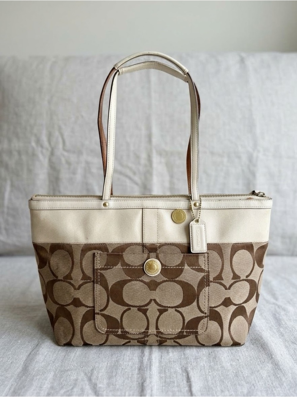 Coach Signature Khaki Off White Stripe Tote Bag 11691
